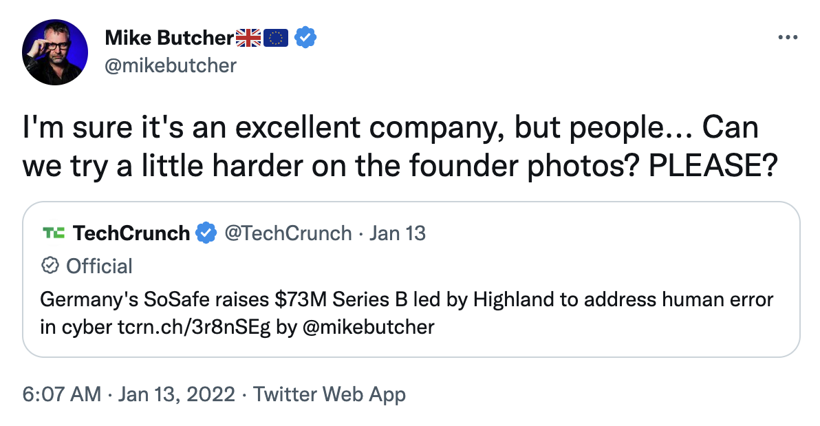 Image showing tweet by Michael Butcher (retweet of tech crunch tweet)