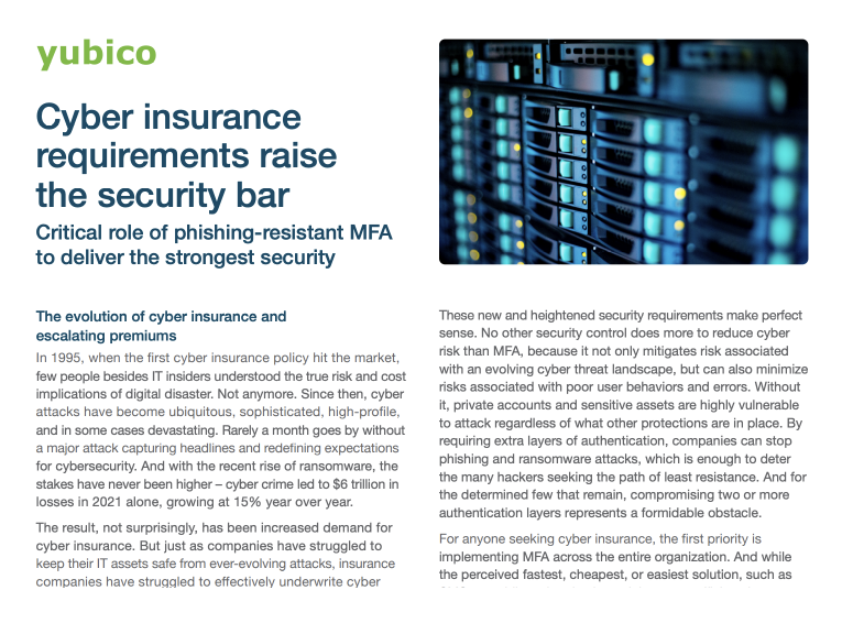Image showing front page of Yubico solution brief titled "Cyber insurance requirements raise the security bar"