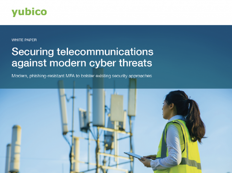 Image of yubico whitepaper with title "securing telecommunications against modern security threats"