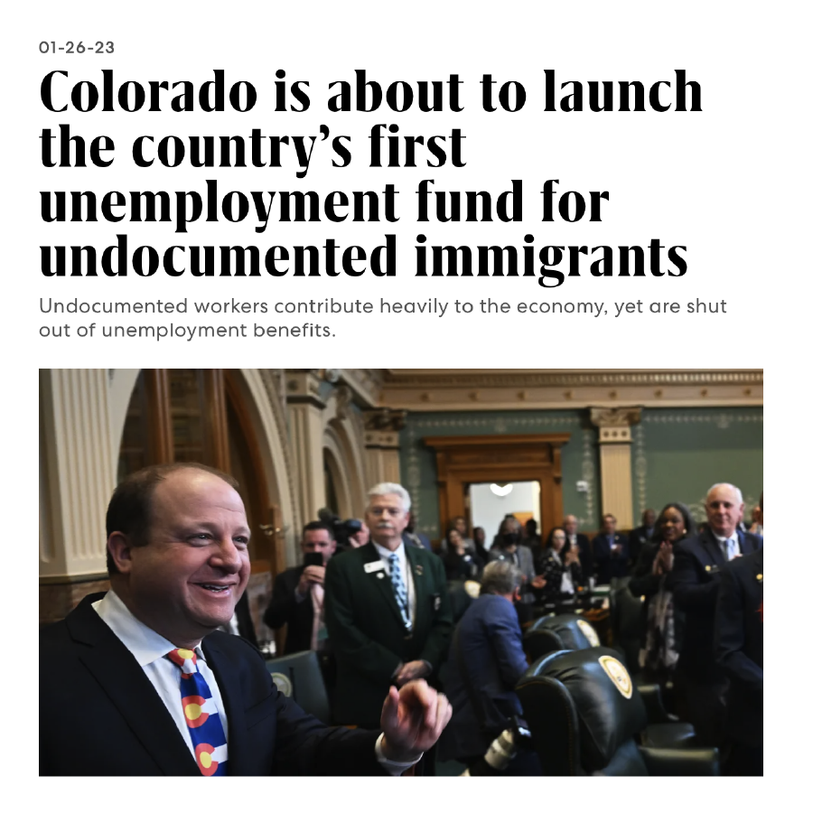 Image of fast company article with headline Colorado is about to launch the country’s first unemployment fund for undocumented immigrants
