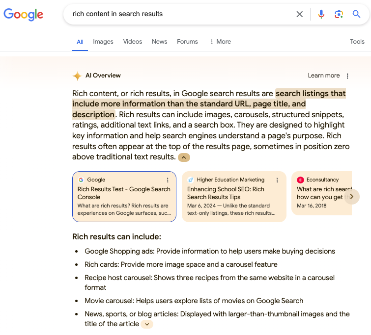 AI Overview for “rich content in search results”<br />
