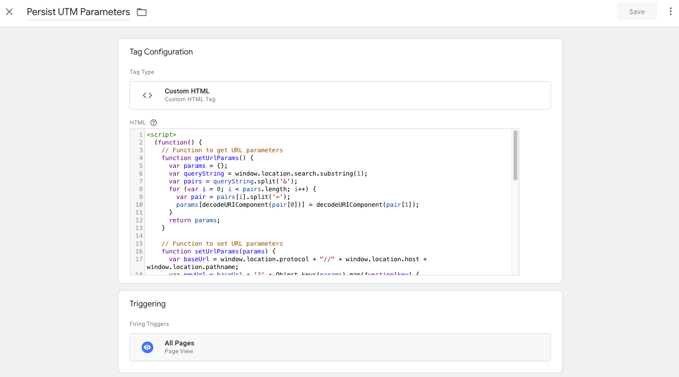 passing UTM parameters tag Persist UTM Parameters screenshot showing creating a Tag & Trigger