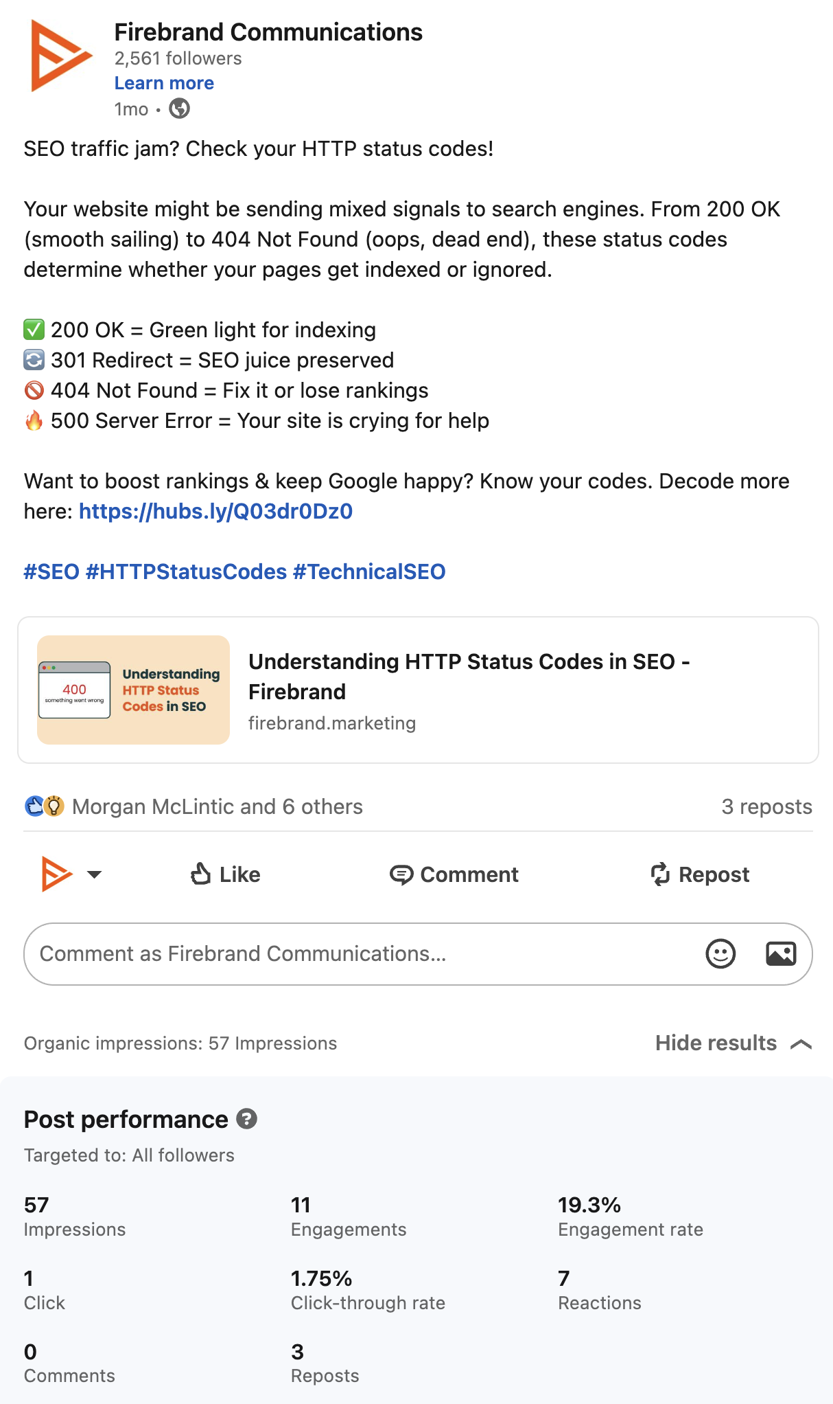 LinkedIn post and performance metrics