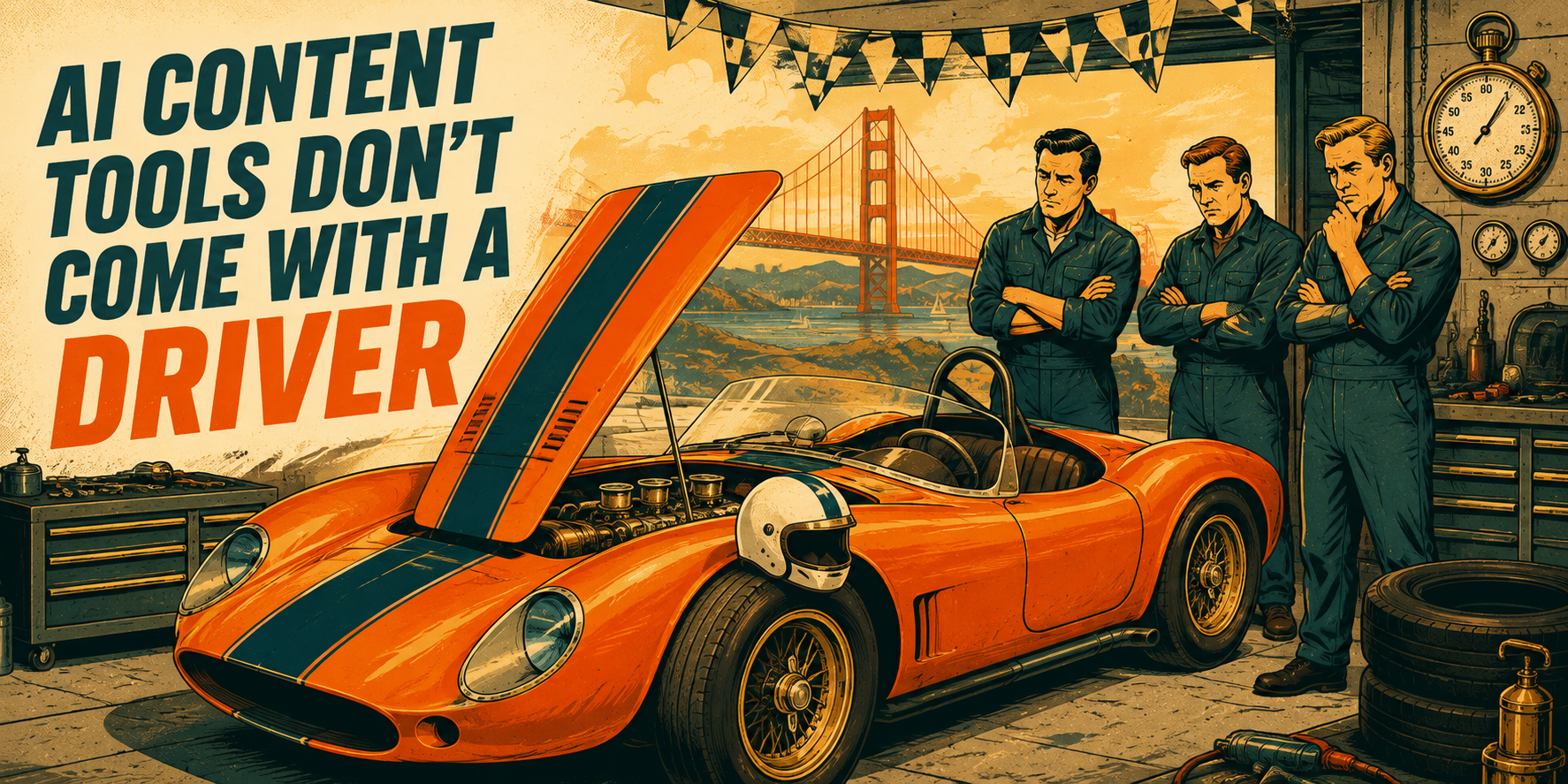 airops-and-other-ai-content-tools AI content tools don't come with a driver. With image of race car being fixed